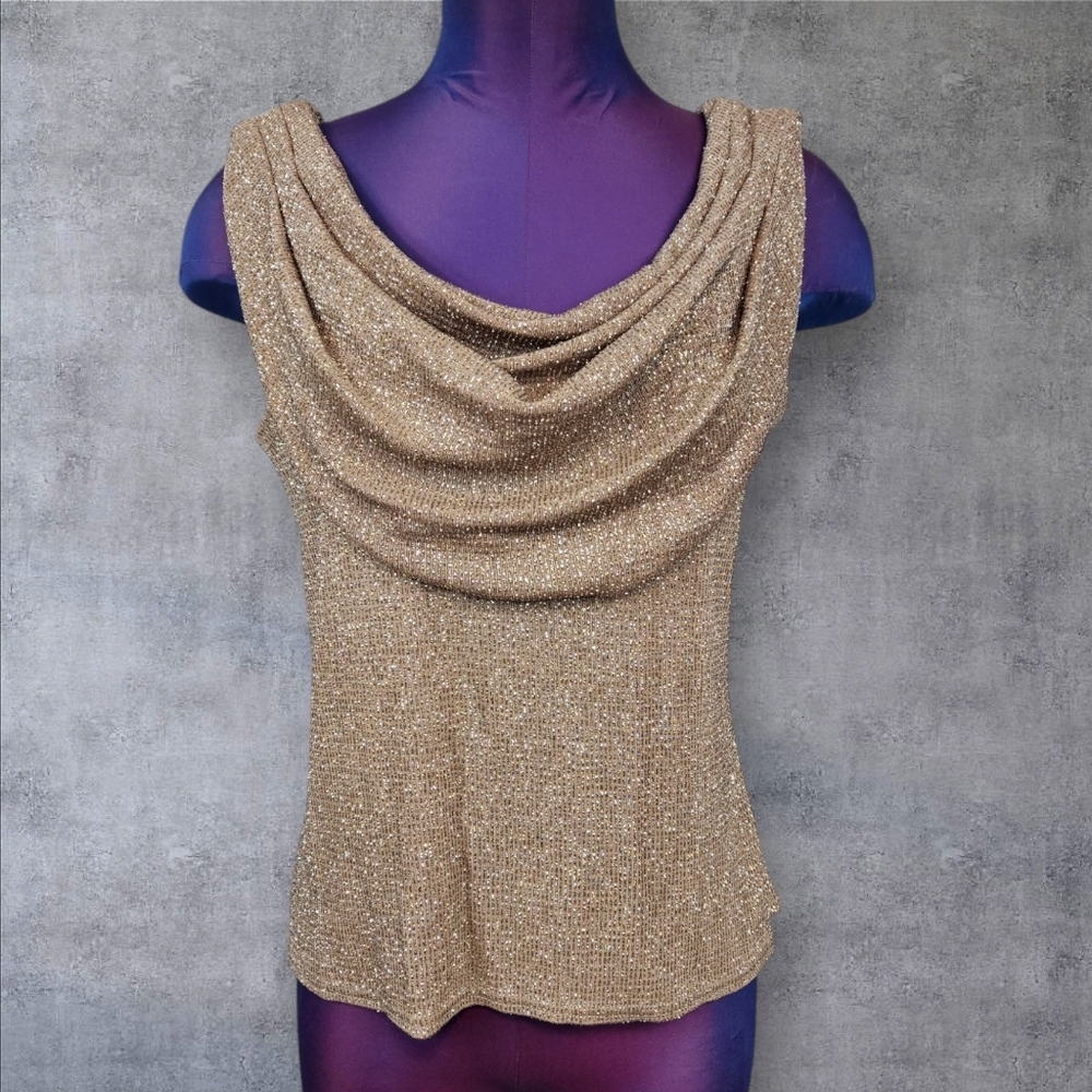 Vintage‎ Onyx Nite Gold Sparkly Cowl Neck Stretch Evening Blouse Size Large I27
